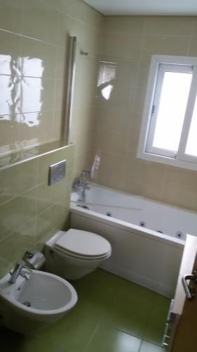 a bathroom with a toilet and a tub and a sink at Casa Largo dos Cedros in Nazaré