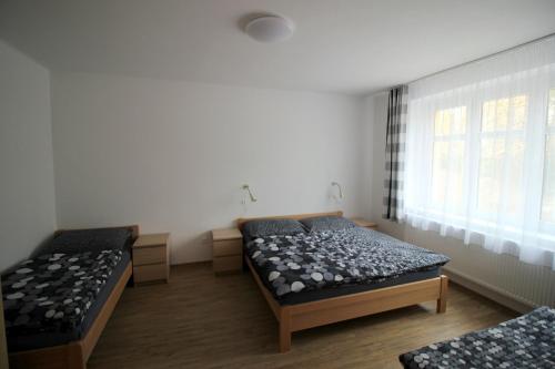 a bedroom with two beds and a window at Apartmány Na sadech Třeboň in Třeboň