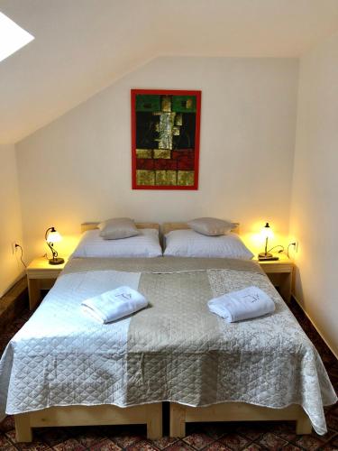 a bedroom with a bed with two pillows on it at Familia in Český Krumlov