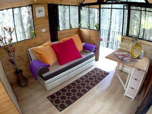 a living room with a couch and a table at Casa En El Árbol Con Sauna somos PETFRIENDLY in Pesca