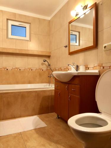 a bathroom with a toilet and a sink and a tub at Familia in Český Krumlov