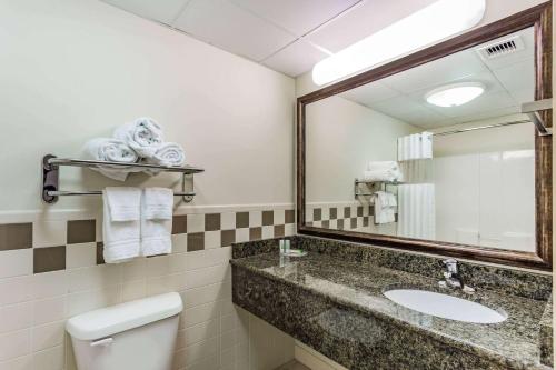 a bathroom with a sink and a mirror at AmericInn by Wyndham Fort Pierre Conference Center in Fort Pierre