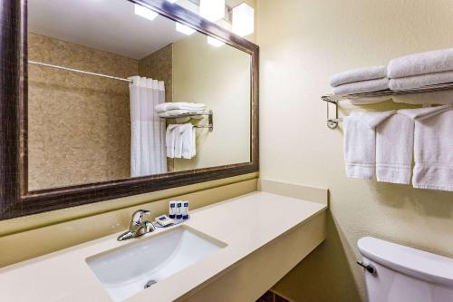 a bathroom with a sink and a mirror at AmericInn & Suites Burnsville, MN in Burnsville