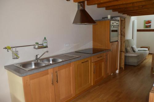 una cocina con fregadero de acero inoxidable y armarios de madera en Le Pressoir des 4 Saisons, en Berrwiller