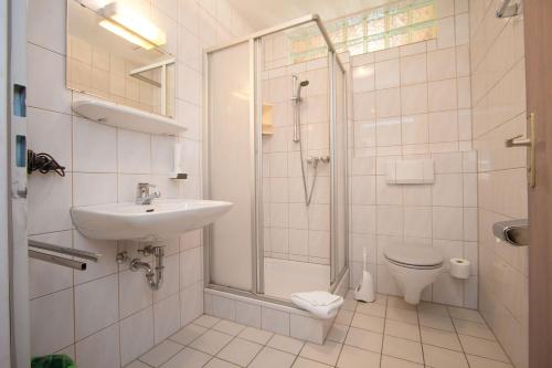 y baño con lavabo, ducha y aseo. en Alpengasthof Madlbauer, en Bad Reichenhall