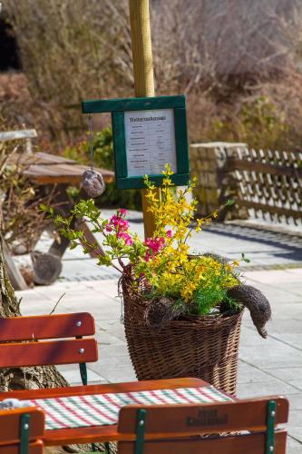 a basket of flowers sitting next to a bench at Alpengasthof Madlbauer in Bad Reichenhall