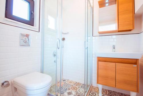 a bathroom with a shower and a toilet and a sink at Villa TN - Fethiye in Fethiye
