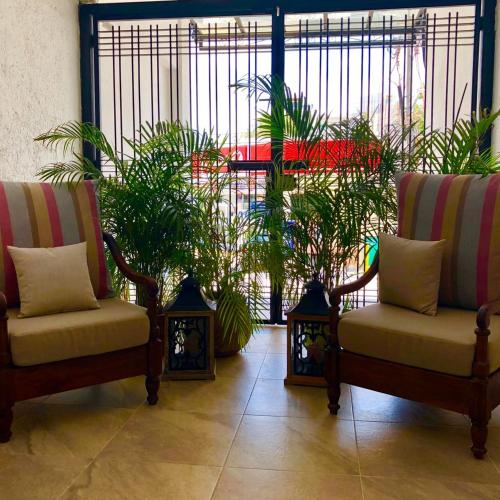 a living room with two chairs and plants at La Leyenda Boutique Hotel by Bunik in Playa del Carmen