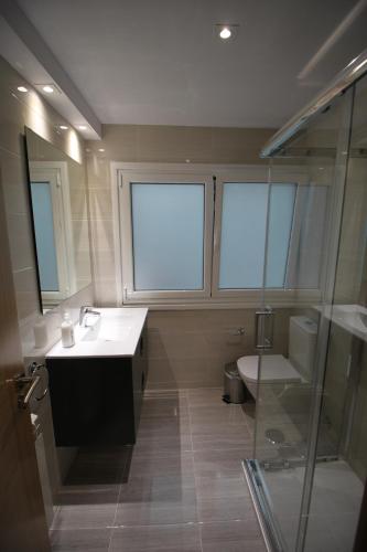 baño con lavabo, aseo y ventanas en Apartamento La Paz, en Santiago de Compostela