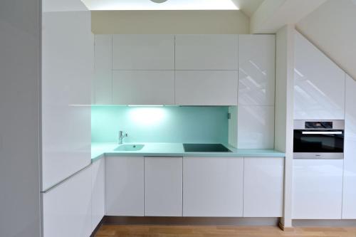 een keuken met witte kasten en een wastafel bij Designer Loft 2 in Praag