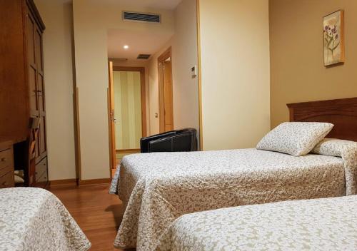 a hotel room with two beds and a television at Hotel Reina Isabel in Medina del Campo