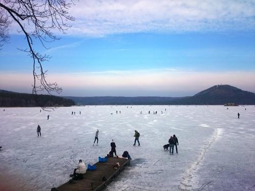 a group of people playing ice hockey on a lake at U Leknínu in Doksy