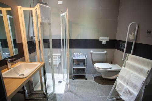 La salle de bains est pourvue de toilettes, d'une douche et d'un lavabo. dans l'établissement Hotel La Tavernetta, à Campobasso