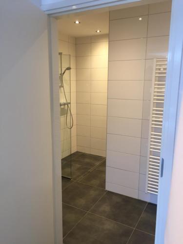 een inloopdouche in een badkamer met een spiegel bij Appartementen Rijnhoeve in Koudekerk aan den Rijn