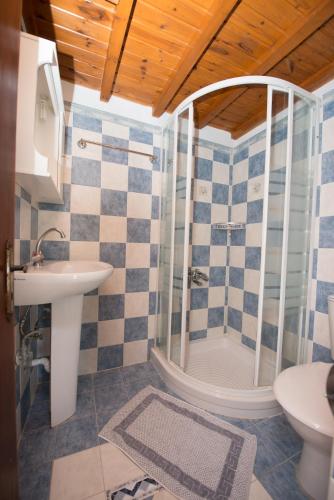 a bathroom with a sink and a shower at Kyklameno Studio no 2 in Symi