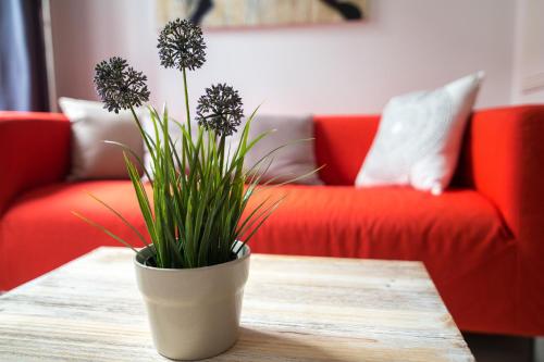 a vase with flowers on a table in a living room at Bordeaux Village Blaye in Blaye