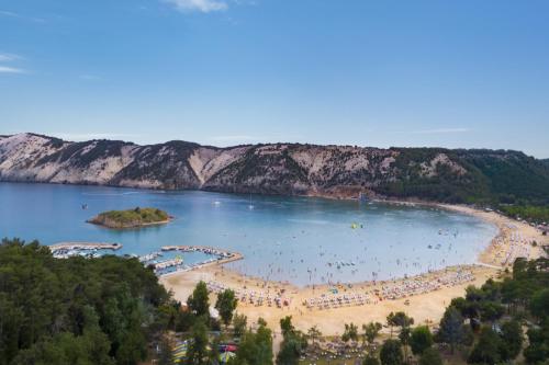 Une plage avec un tas de gens dans l'eau dans l'établissement San Marino Camping Resort by Valamar, à Lopar