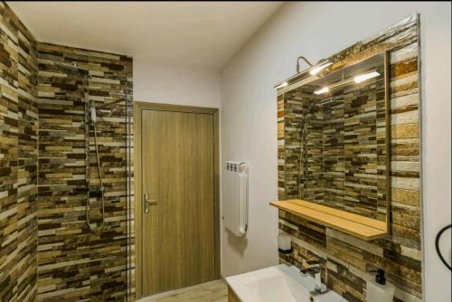ポイアナ・ブラショフにあるApartament Andraのバスルーム(シャワー、シンク、鏡付)