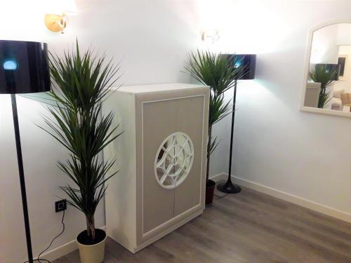 a room with two potted plants and two lights at Apartamentos Sol Compañia in Úbeda