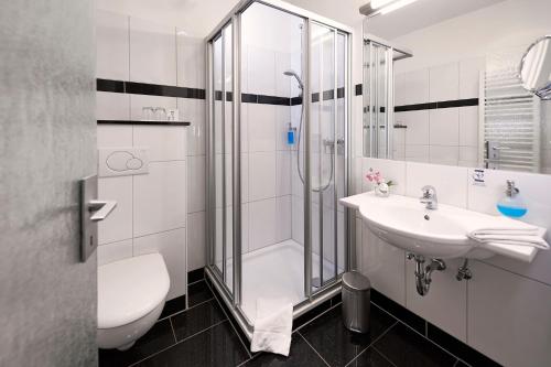 a bathroom with a shower and a sink and a toilet at Göbels Landhotel in Willingen