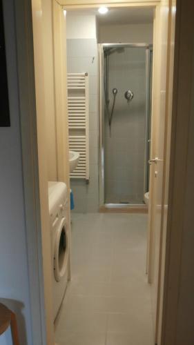 une salle de bain avec douche et machine à laver dans l'établissement Casa Gorne Anzolo, à Venise