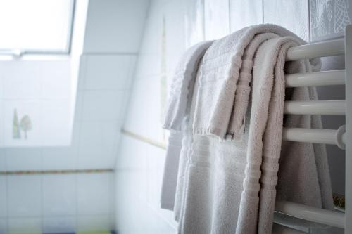 a towel hanging on a towel rack in a bathroom at Tylova Apartments in Kutná Hora
