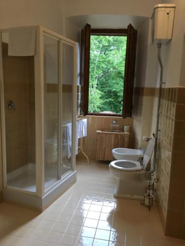 a bathroom with a toilet and a shower and a window at Relais La Torre in Chiassa Superiore