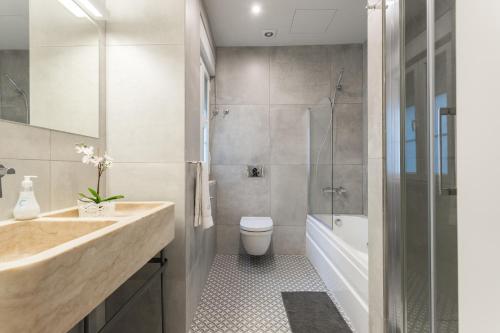 La salle de bains est pourvue d'un lavabo, de toilettes et d'une douche. dans l'établissement Cruz Apartments, à Lisbonne