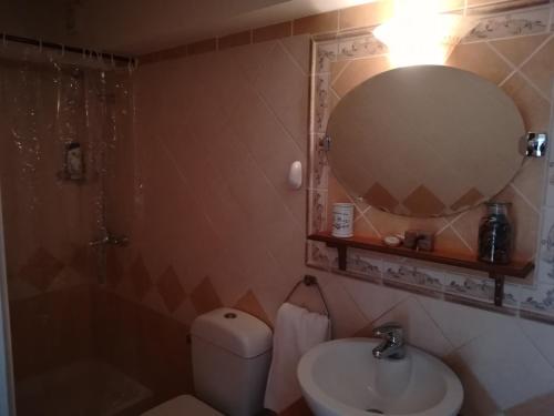 een badkamer met een wastafel, een spiegel en een toilet bij Country guesthouse Αερικό in Karpenisi