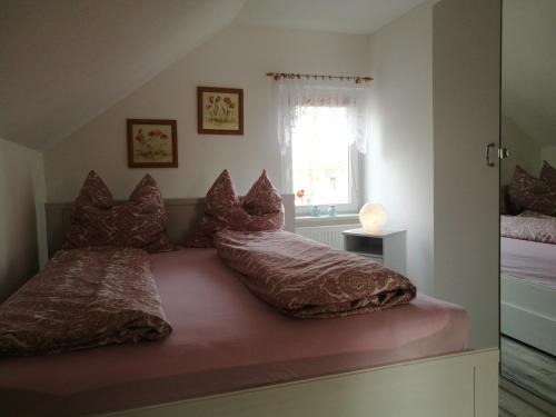 a bedroom with a bed with pillows and a window at Ferienwohnung Zum Alten Dorfkrug in Schlemmin