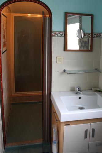 a bathroom with a shower and a sink and a mirror at Casa Gwendoline - Albergue / Hostel / AL - Caminho da Costa in Vila Nova de Cerveira