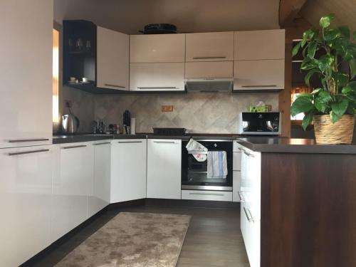 
a kitchen with white cabinets and white appliances at Chata Eden in Hrabušice
