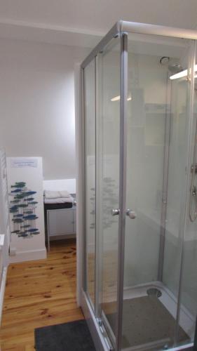 a glass shower in a room with a wooden floor at Côté Prairie in Épagne-Épagnette