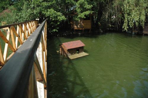 a bench in the water next to a bridge at SPA Hotel in Vorzelʼ
