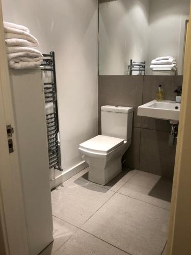 a bathroom with a white toilet and a sink at Morecambe sea view apartment 203 in Morecambe