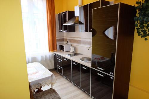 eine kleine Küche mit einer Spüle und einer Mikrowelle in der Unterkunft Apartamenty AS Topolowa in Krakau