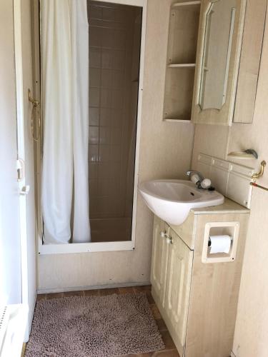 a bathroom with a sink and a shower with a mirror at 35 Glenfinart Park in Dunoon