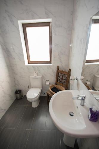a bathroom with a sink and a toilet and a window at The Burrow Guest House in Tarxien