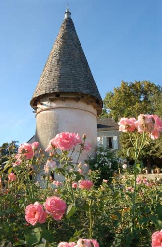 a tower with pink roses in front of a house at Le Peyret in Serres-Castet