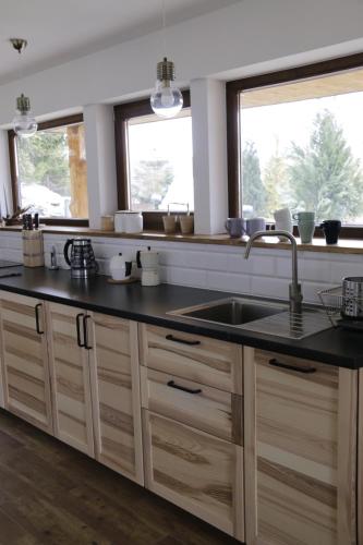 a kitchen with a sink and two windows at Buflaczanka in Nowy Targ