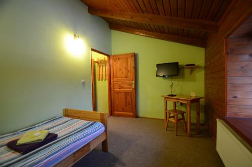 a bedroom with a bed and a desk and a television at Salas-Partizanske in Partizánske