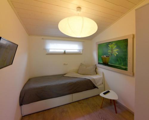 a small bedroom with a bed and a chandelier at PETIT-CHALET AM HAINER SEE in Rötha
