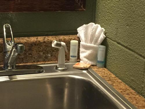 - un lavabo dans la salle de bains pourvue de serviettes sur le comptoir dans l'établissement Hope Inn, à Lenox