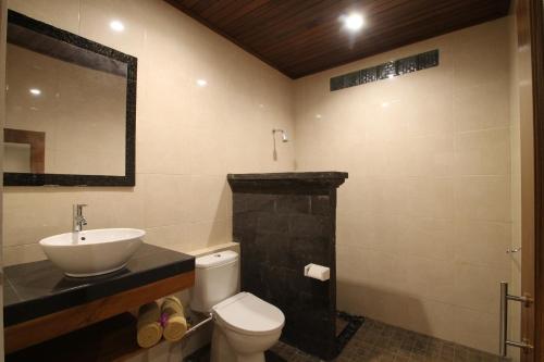 a bathroom with a sink and a toilet and a mirror at Yuni's House in Ubud
