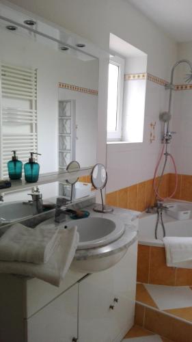 une salle de bain avec un lavabo et un miroir dans l'établissement Maison le Napoléon 3 chambres 7 lits, à Saint-Leu-la-Forêt