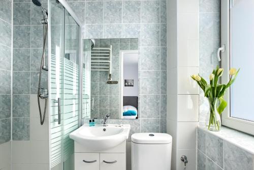 W łazience znajduje się umywalka, toaleta i lustro. w obiekcie Villa Julia w mieście Międzyzdroje