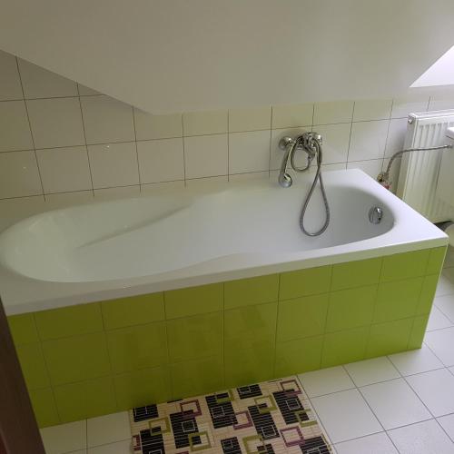 a bath tub with a shower in a bathroom at Ubytování Jeřábek in Lasenitz