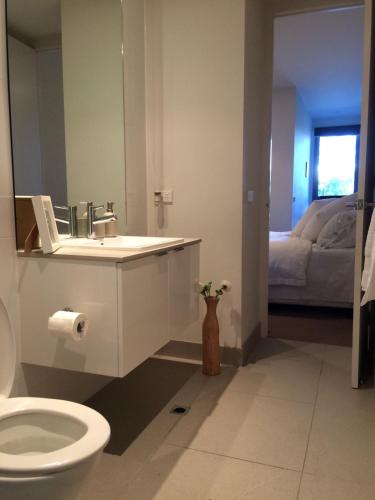 a bathroom with a toilet and a sink with a mirror at Marina View Apartment on the Maribyrnong River, Melbourne in Maribyrnong