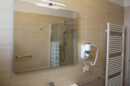 a shower with a large mirror in a bathroom at Residenza Somma in Sommacampagna