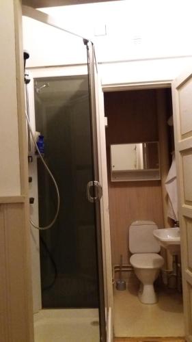 La salle de bains est pourvue d'une douche et de toilettes. dans l'établissement Cosy studio apartment, à Vaasa